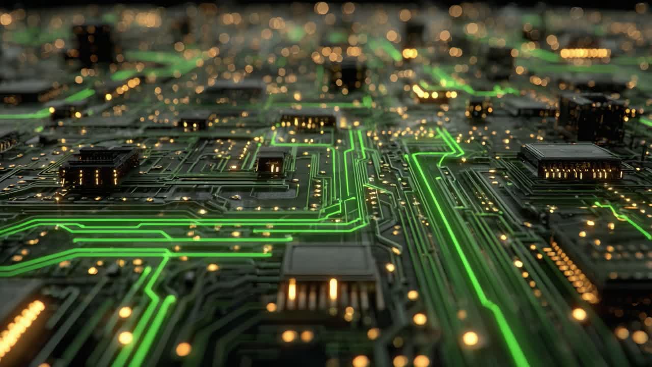 A Dynamic Grid of Microcircuits and Neon Lights: Exploring the Intricacies of a Modern Circuit Board with Pulsating Green Highlights and a Luminous Glow