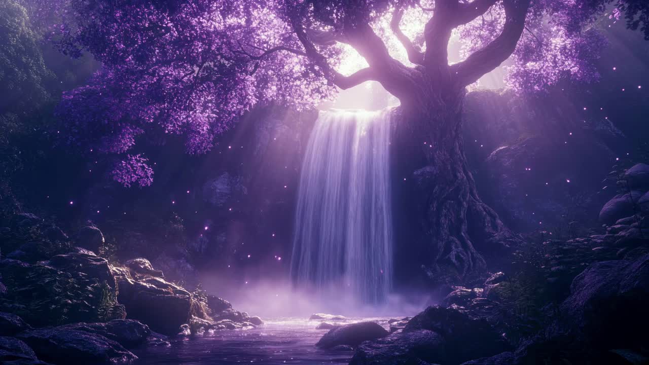 A mystical, purple-hued forest scene with a waterfall, captured from a low angle