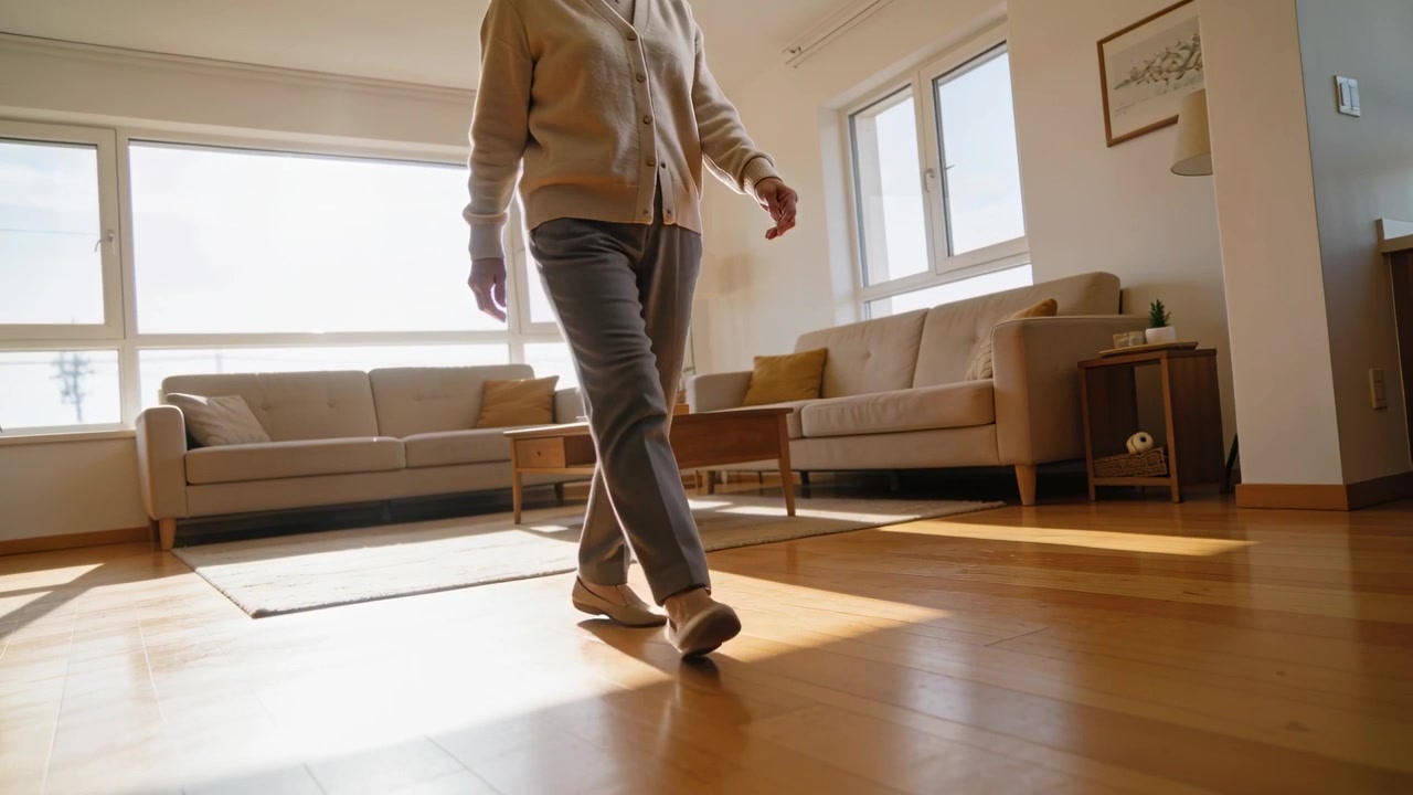Stepping off rug, senior woman walking toward camera in sunlit living room, wearing beige cardigan