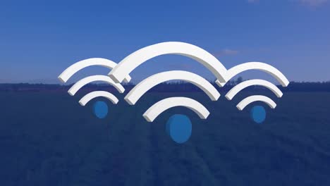 Animation-Digitaler-WLAN-Symbole,-Die-über-Der-Landschaft-Schweben