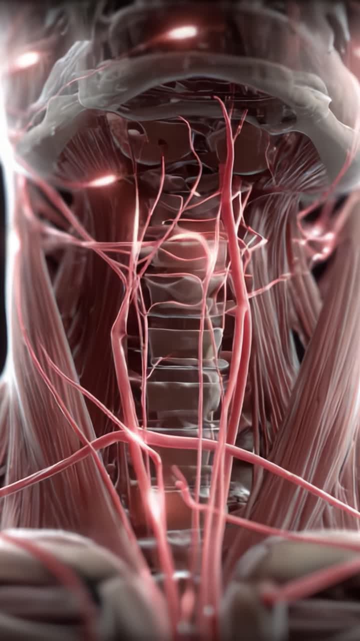 A Detailed Visualization of Human Neck Anatomy Highlighting the Vascular Network and Spinal Structure, Depicting Intricate Relationships Between Blood Vessels and Nerves