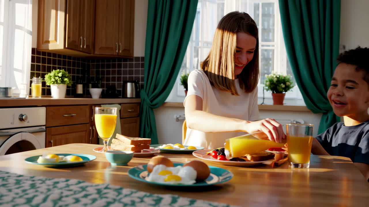 함께 아침 식사를 즐기는 가족