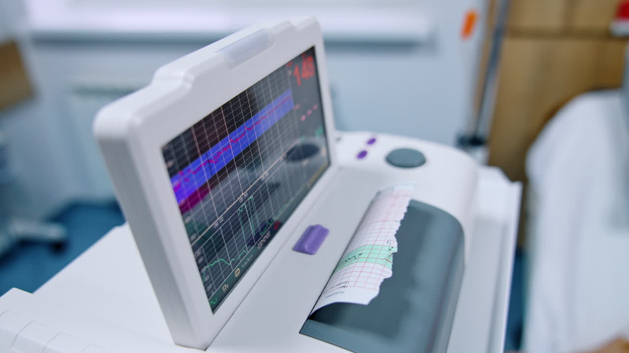 Modern medical equipment for electrocardiogram. Cardiac apparatus to conduct research, ECG and examination of the heart during pregnancy. Top view close up.