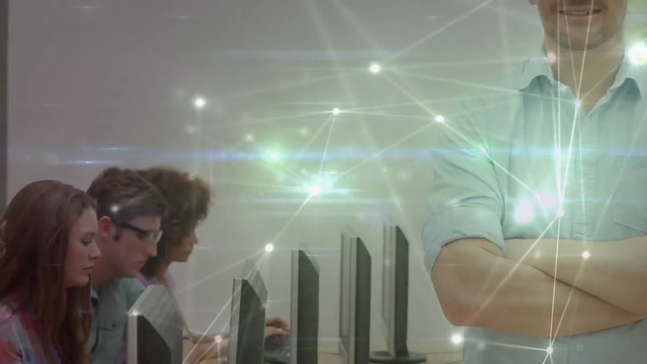 animación de conexiones entre un maestro caucásico y una clase de alumnos diversos que utilizan computadoras