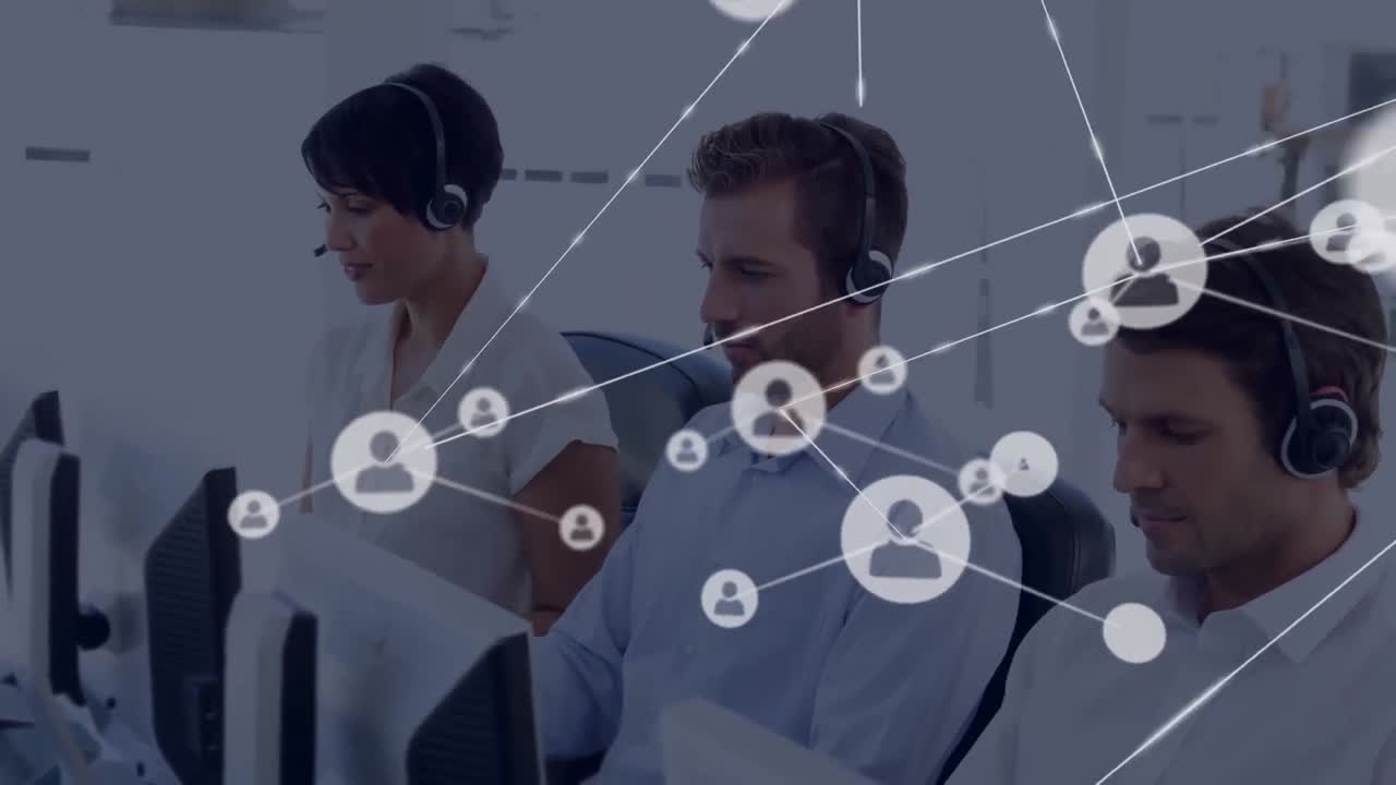 animación de la red de conexión con iconos sobre personas de negocios que usan auriculares de teléfono