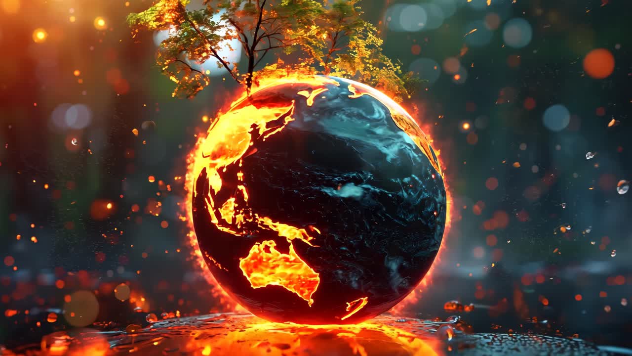 A fire is burning on a globe that is surrounded by water. The globe is a representation of the Earth and the fire is a symbol of destruction
