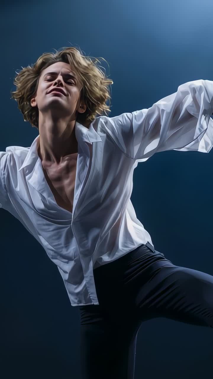 Vertical video: Leaning man turning raising arms lifting leg on stage white shirt, black pants lit
