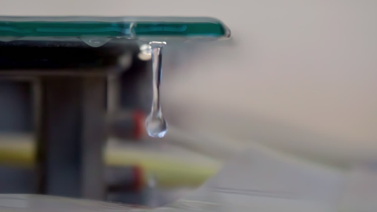 Closeup of water droplets dripping from glass edge with soft blurred background