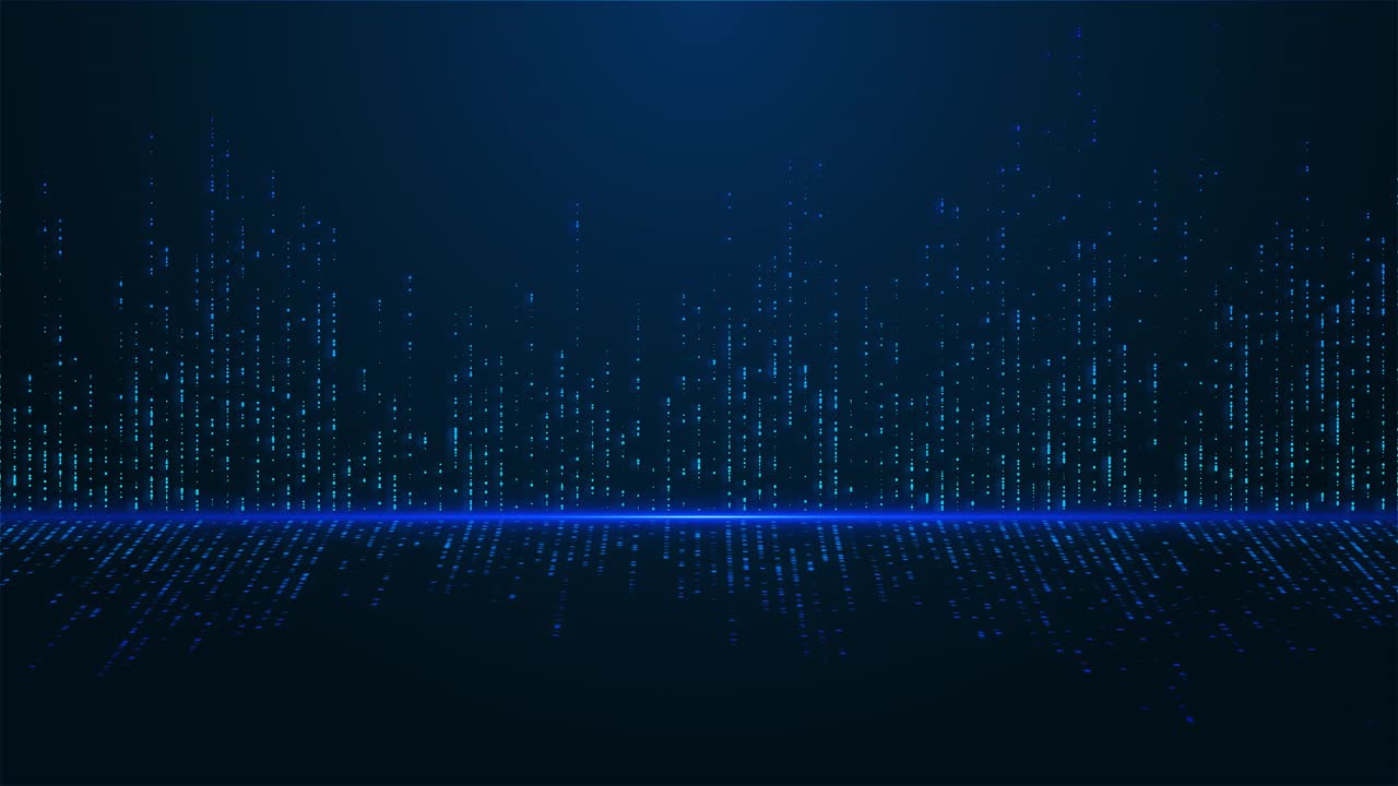 Motion graphics particles forming digital waves across dark blue background use of rhythmic light