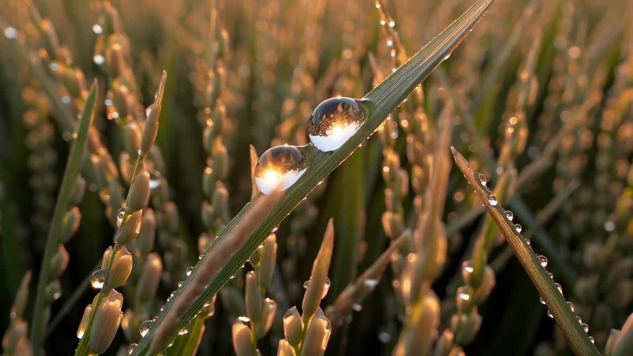 Close-up, low-angle video of a sunlit wheat field at sunrise, capturing dewdrops on the stalks