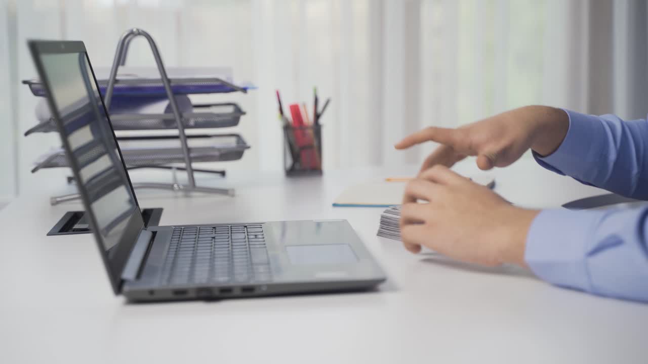 Financial gain. Winning thoughtful male hands thinking about investing.