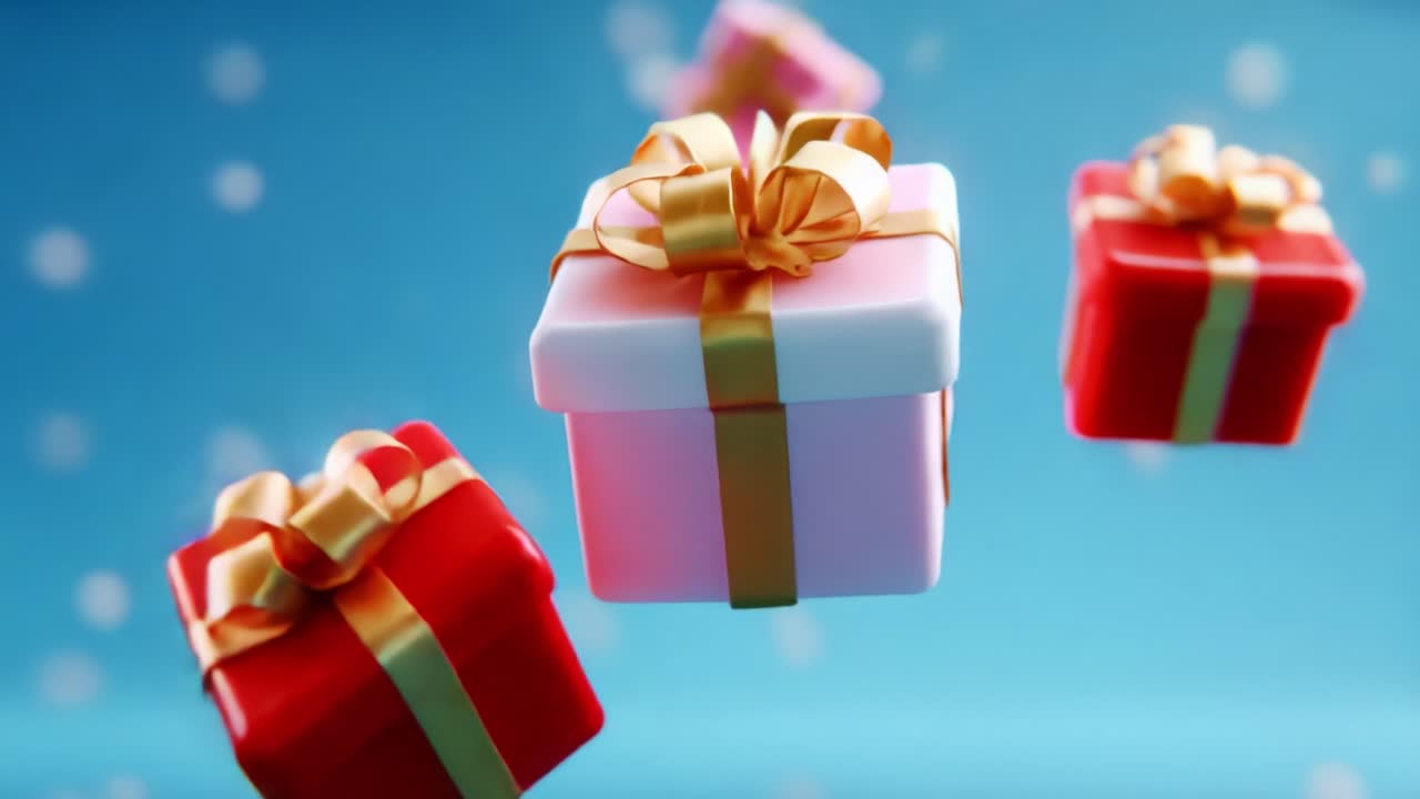 A Festive Celebration of Gift Giving: Colorful Presents Floating Amidst a Wintery Background for a Joyful Holiday Vibe, Highlighting the Excitement of Anticipating Unwrapping Surprises