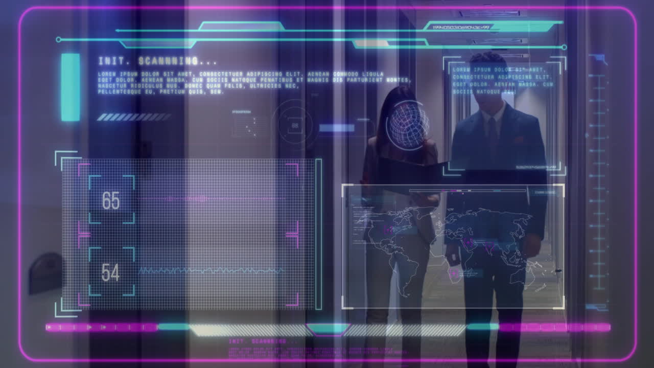 escaneo futurista y animación de análisis de datos sobre personas que caminan en el pasillo