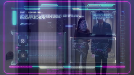 futuristic scanning and data analysis animation over people walking in corridor