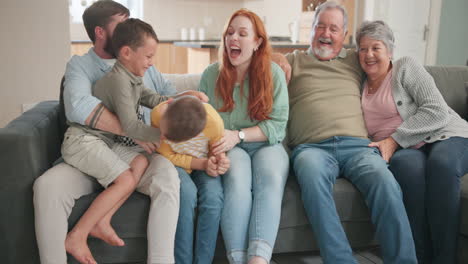 family, children and grandparents with tickle