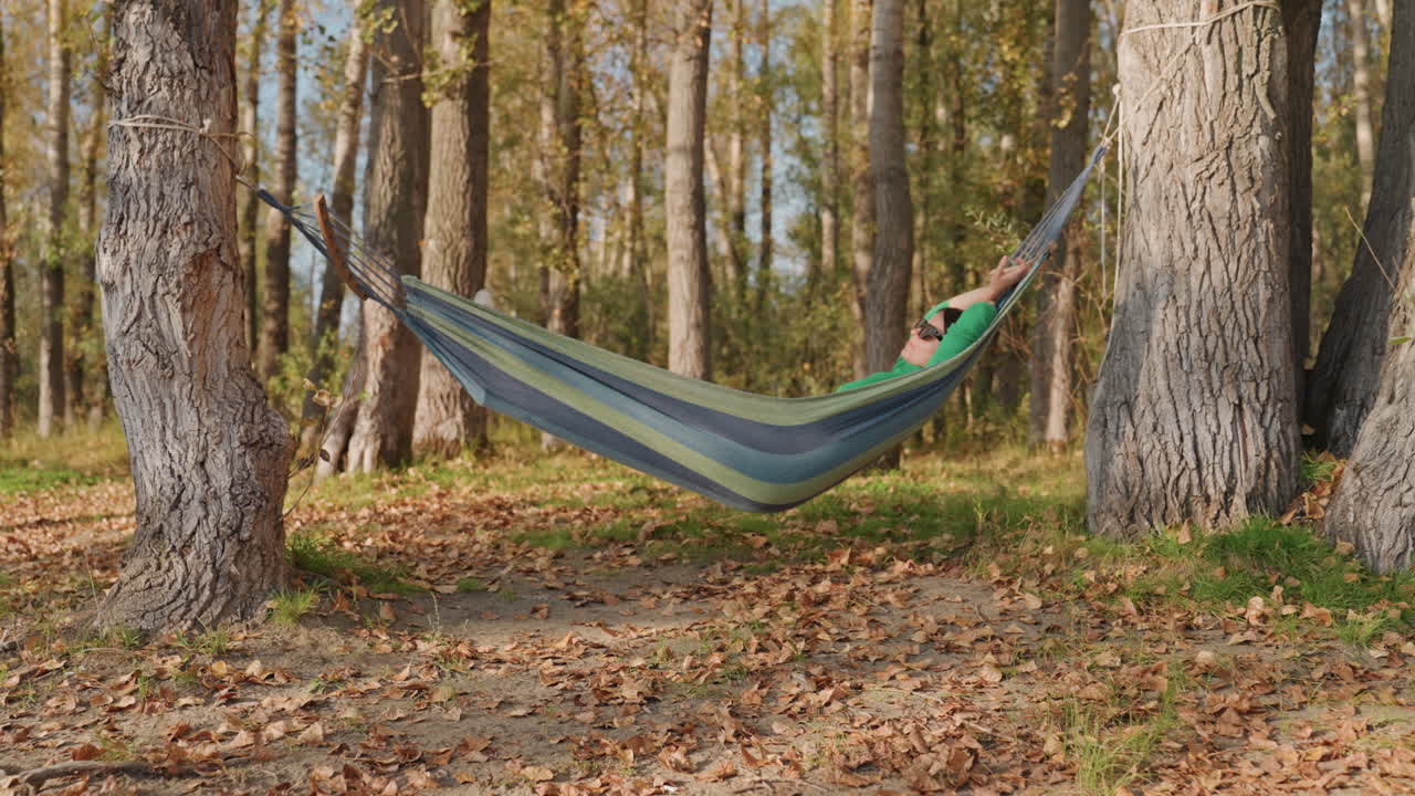 Donna che si rilassa in amaca tra le betulle, facendo un pisolino in campeggio in una foresta tranquilla. Un maglione verde spunta dal tessuto intrecciato, un dolce dondolio sopra il terreno cosparso di foglie. La calda luce del sole filtra attraverso i tronchi, un'atmosfera pacifica.