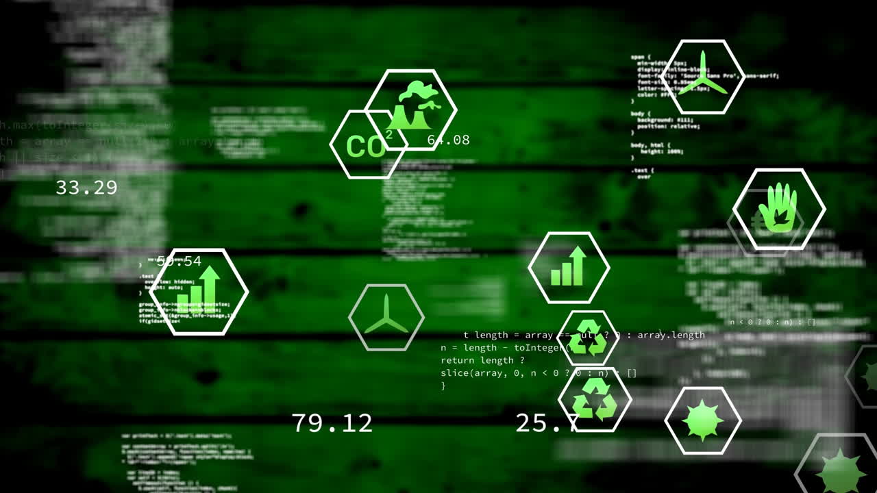 animación de iconos de procesamiento de datos y ecología sobre fondo de madera