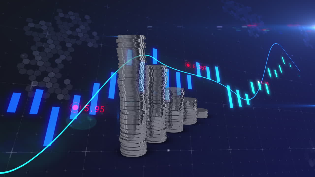 animación del procesamiento de datos financieros sobre pilas de monedas