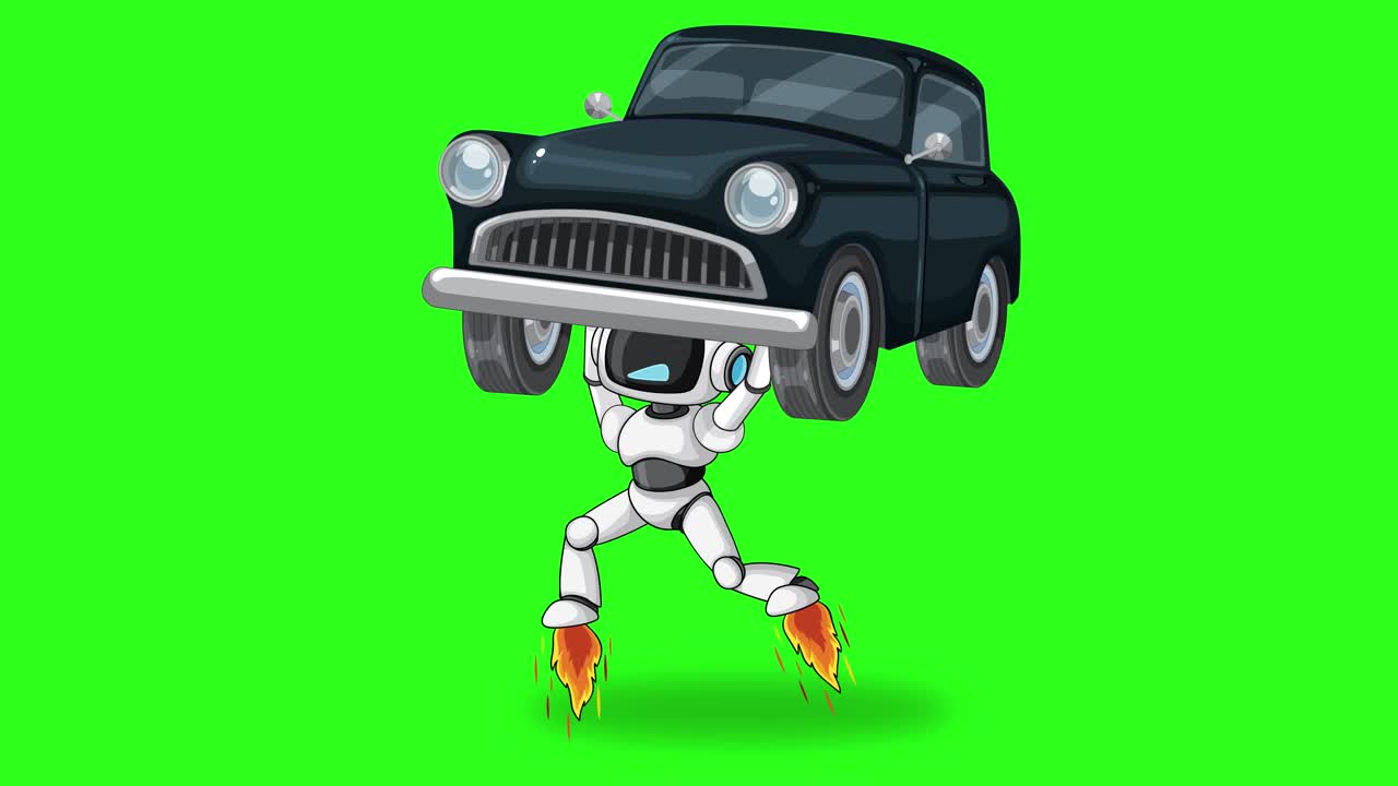 Cartoon robot lifts car using jet boosters, then releases it mid-air against green screen background
