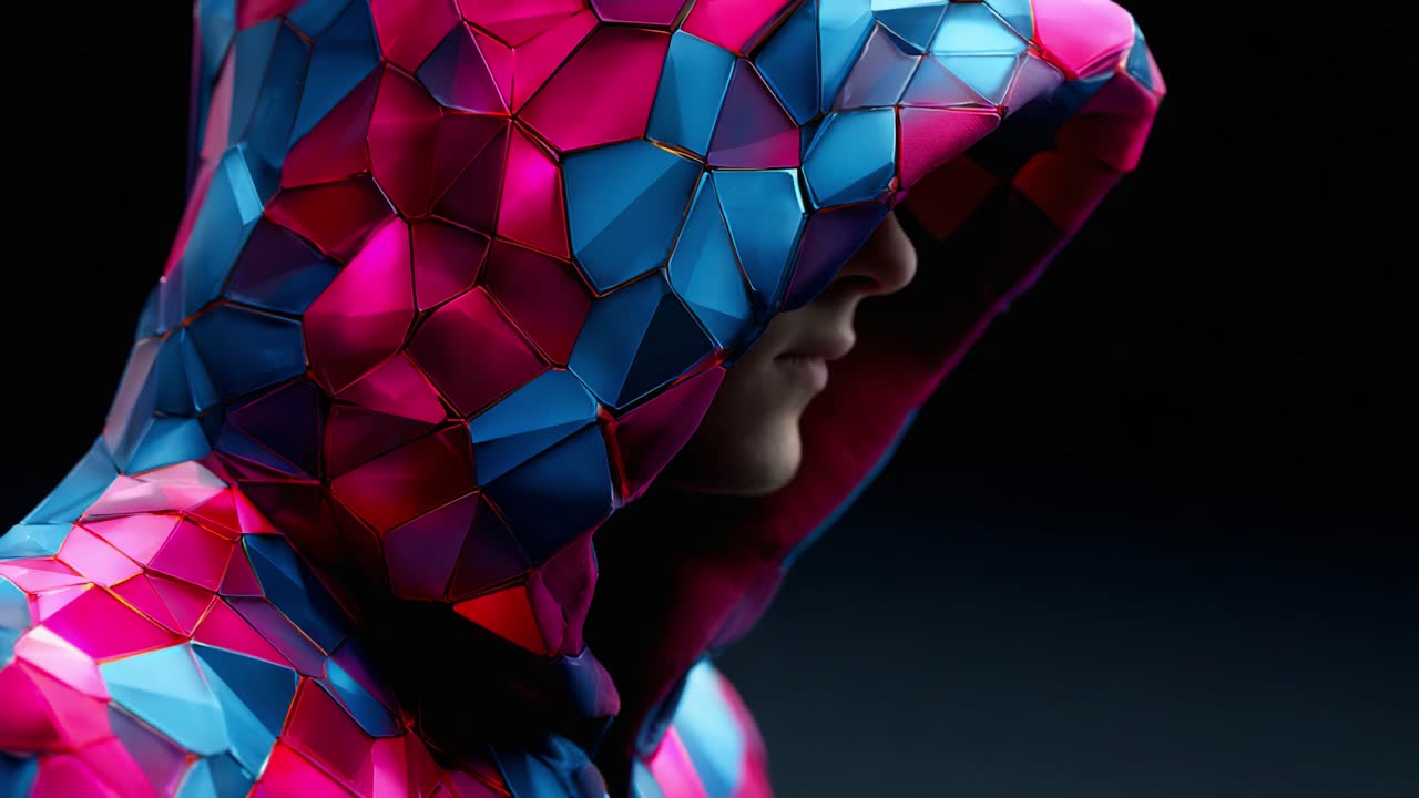 A striking visual transformation showcasing a person wearing a vibrant, geometric-patterned hoodie that features a vivid blend of pink and blue colors, emphasizing intricate textures and a bold design