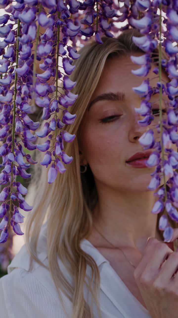 A dreamy video portrait of a woman partially obscured by hanging purple flowers
