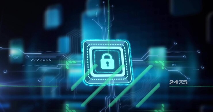 Animation of padlock icon, data processing over circuit board