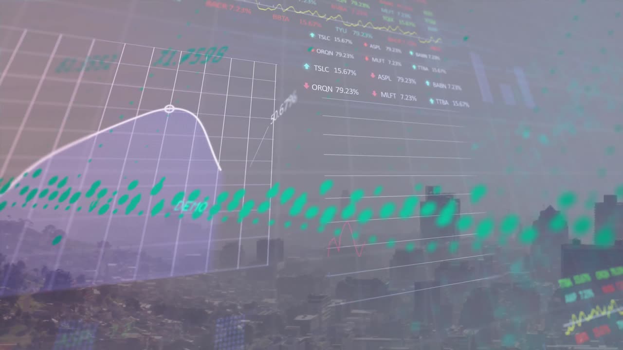 animación del procesamiento de datos estadísticos y bursátiles frente a una vista aérea del paisaje urbano