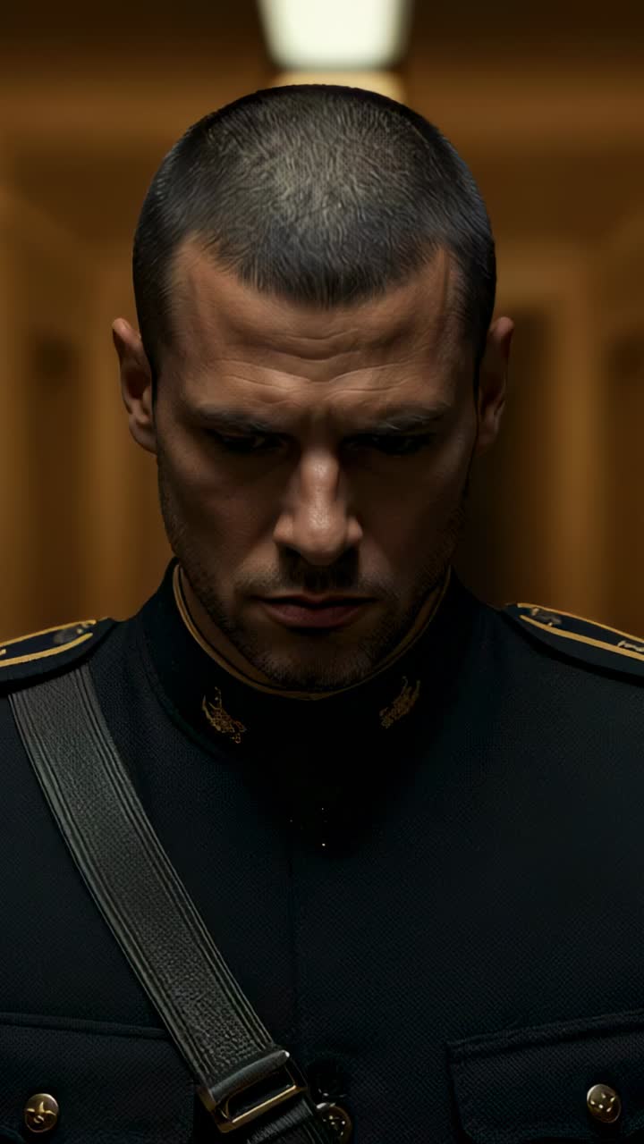 Vertical video: Reacting to lamp, uniformed man lifting head and meeting camera in hall with strap