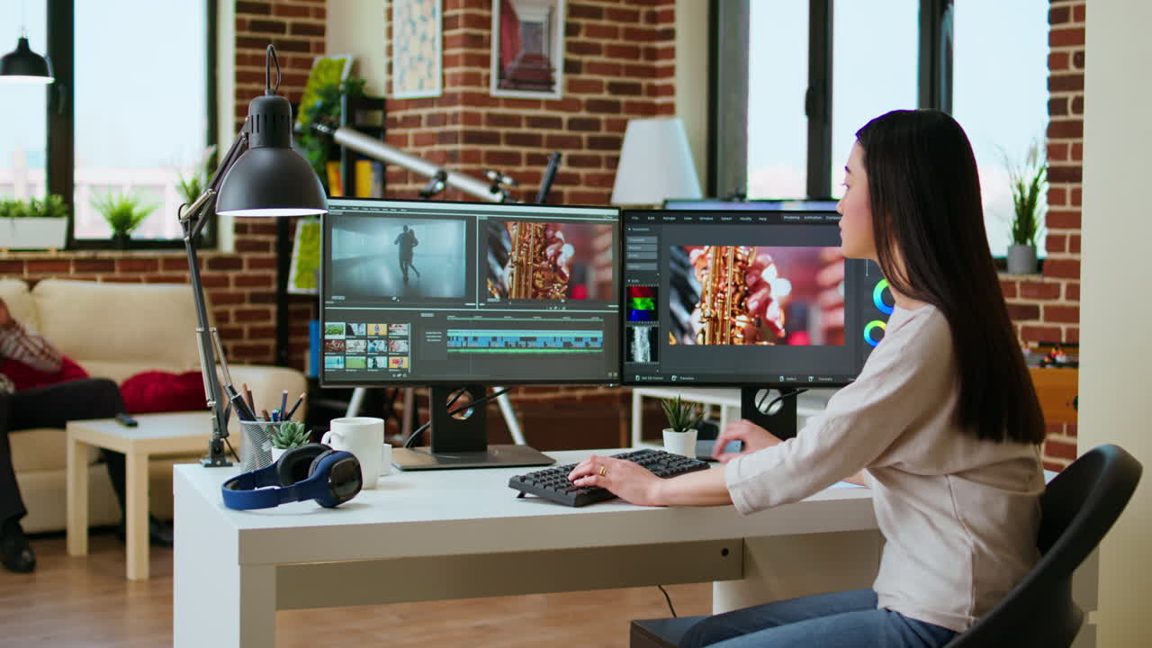 Freelancer asian woman video creator works on a movie project