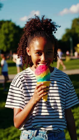 young girl enjoying a colorful shaved ice at an outdoor event