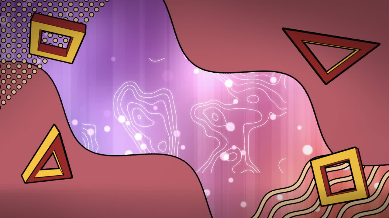 Animation of rotating shapes and wavy lines over contour lines and spots on pink and purple lines