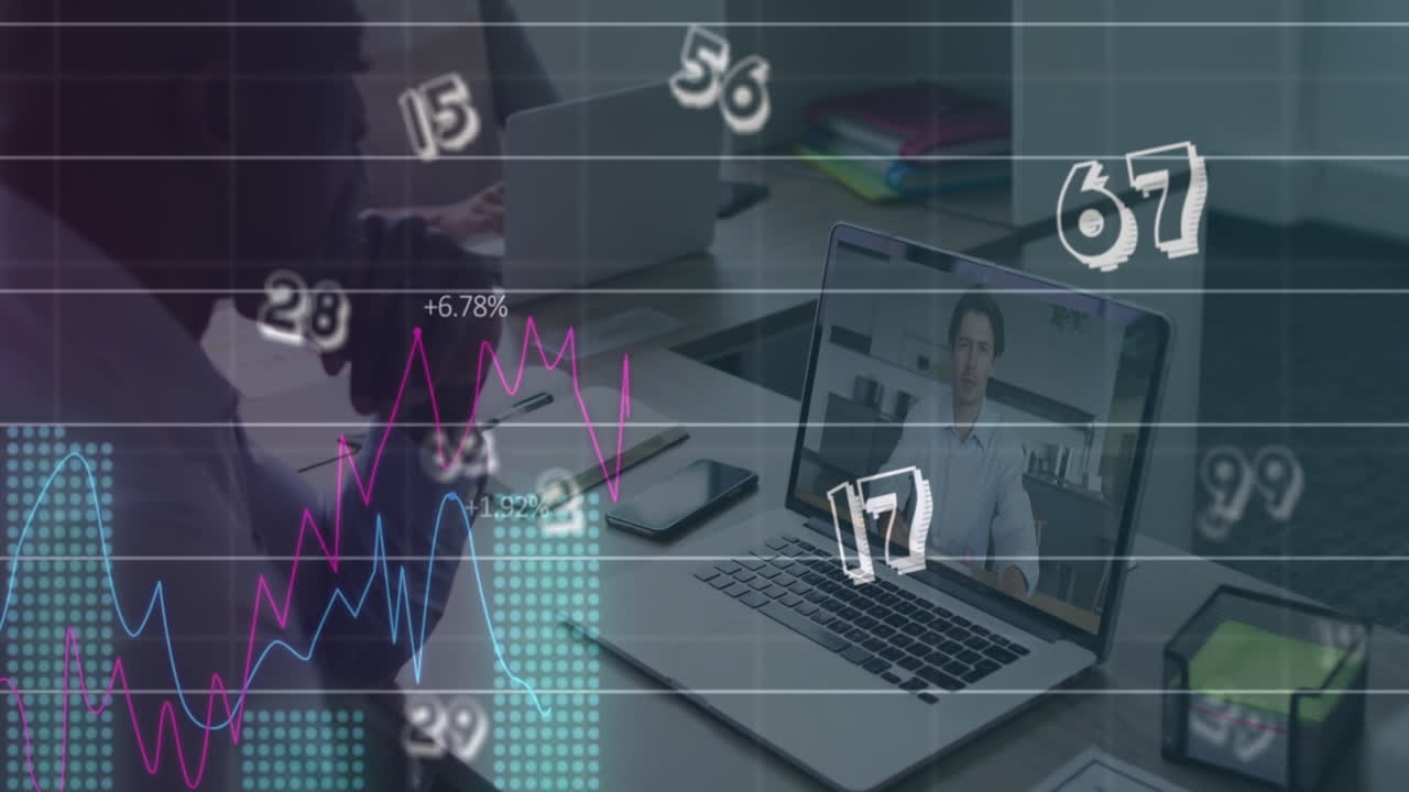 animazione dell'elaborazione dei dati finanziari su un uomo d'affari bi-razziale su laptop video call in ufficio