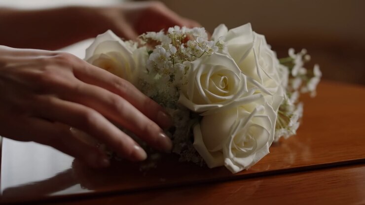 White Rose Bouquet On Casket Gentle Hand Arranging Blooms Under Soft Chapel Light Closeup Of Petals