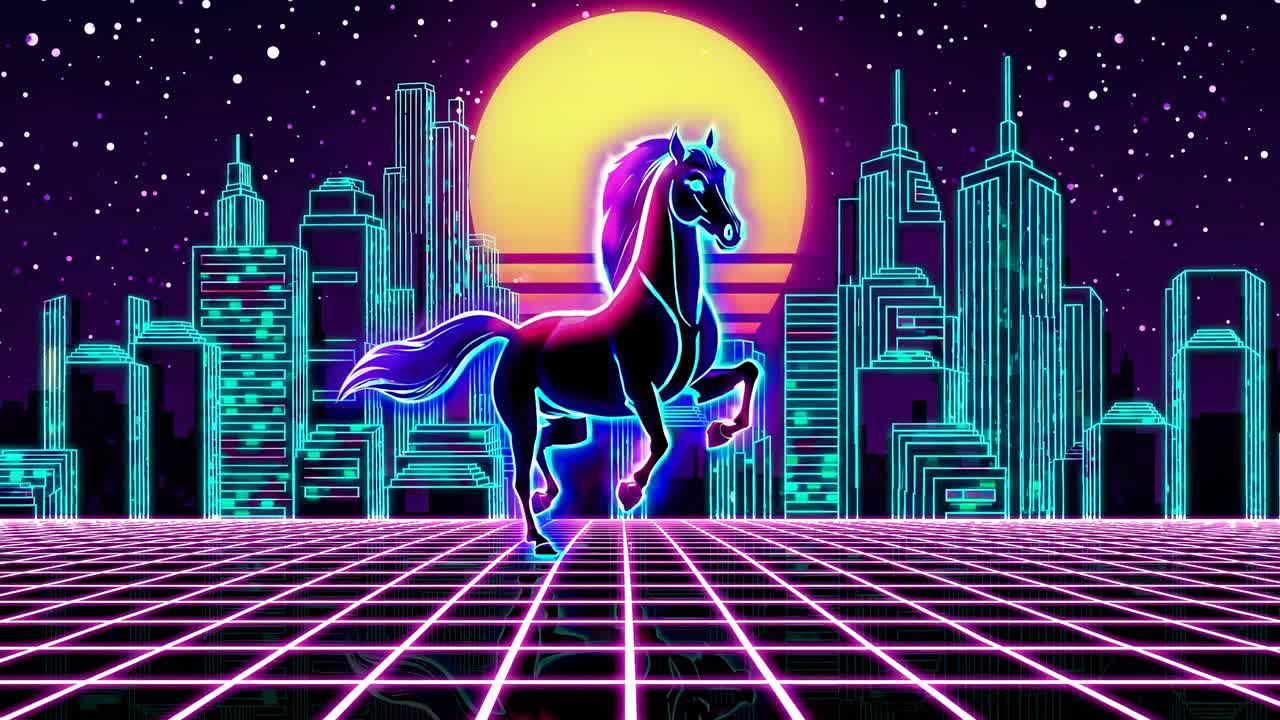 caballo retro en una ciudad cyberpunk