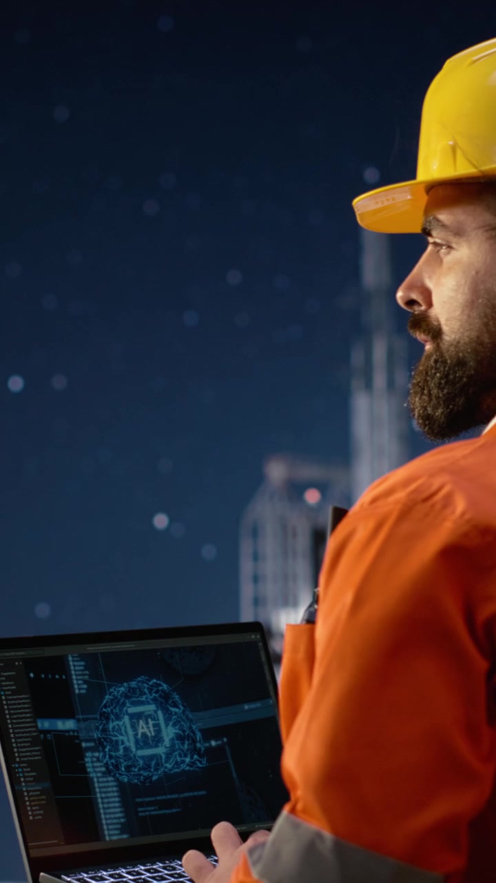 Vertical video Offshore platform engineering team uses AI on laptop monitoring operations during oil crisis