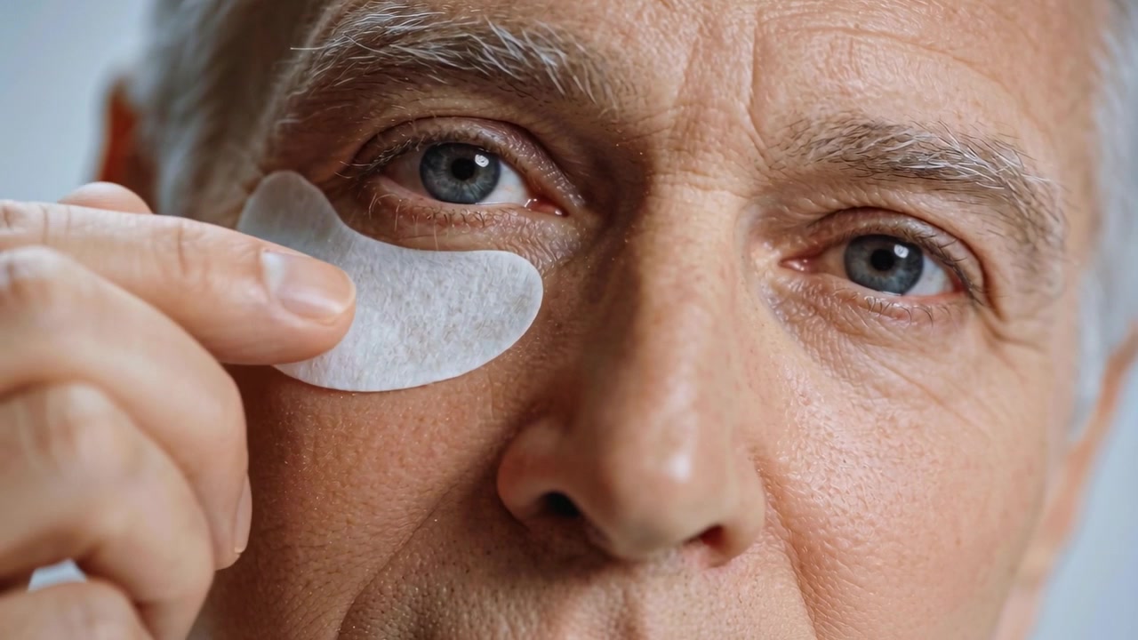 Holding patch, senior man aligning and pressing crescent under-eye patch in studio for hydration