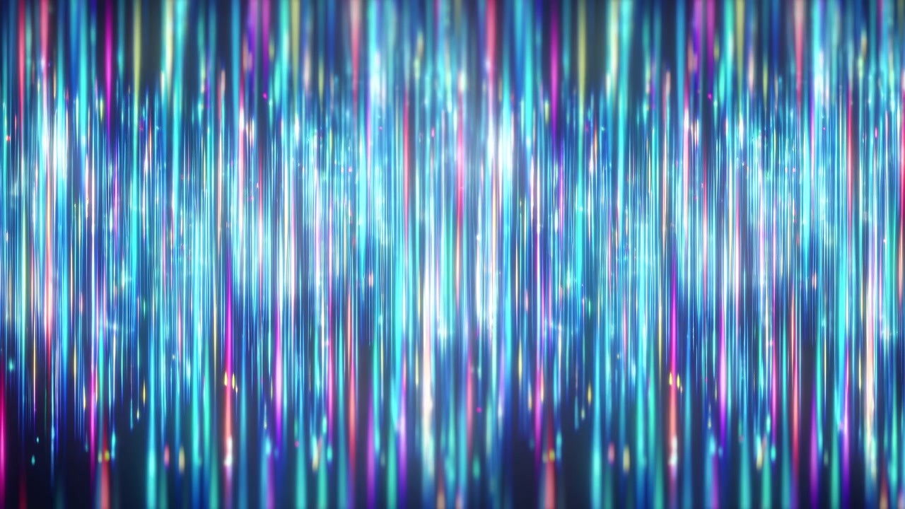 Front-facing abstract motion of dense vertical iridescent light columns cascading downward, with mirrored reflections, shifting glow, rich color bands, and deep indigo backdrop for modern design use