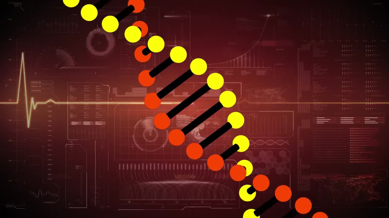 Animation of red digital screen with diverse data processing, heart rate and dna