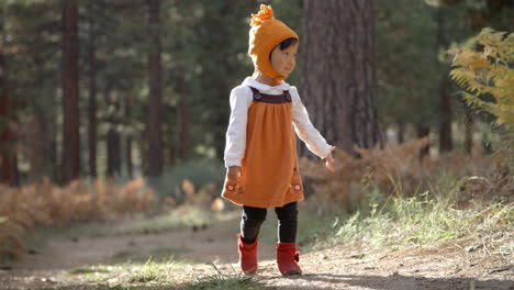 asian toddler girl walking alone in a forest, front view