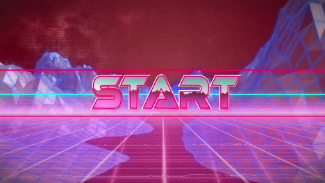 digital animation of start text over neon banner against 3d mountain structures on red background