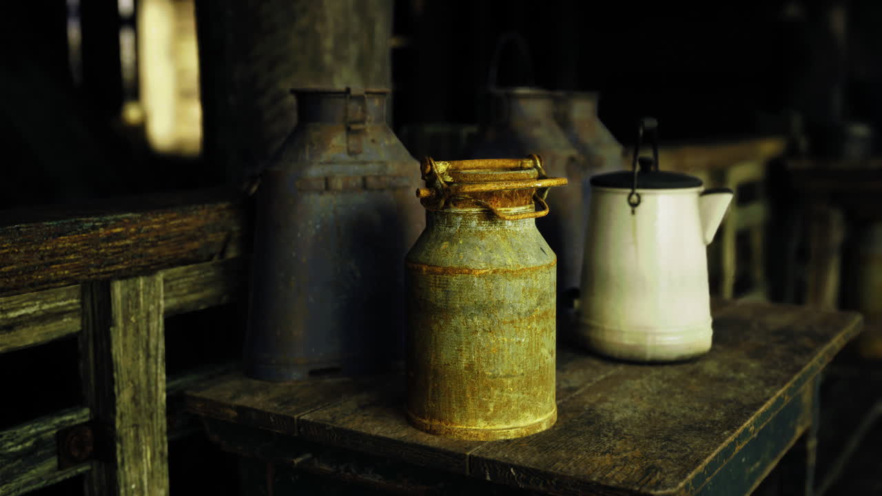 Vintage milk cans and a kettle on a rustic wooden table in a dark space
