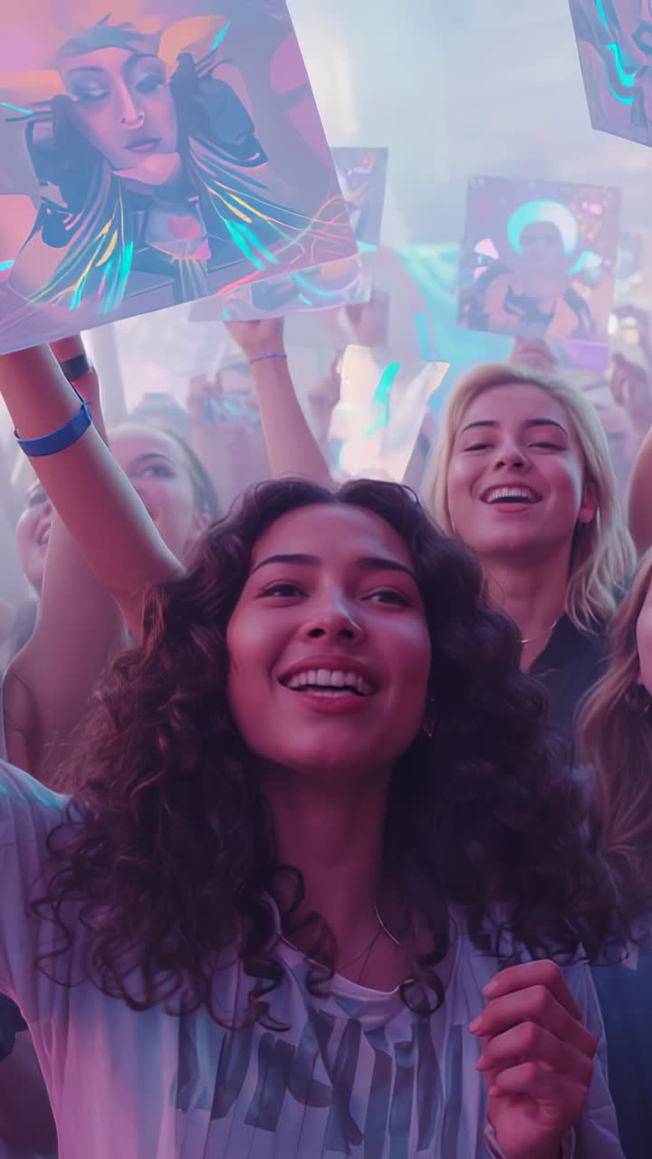Vertical video: Hearing beat driving curly-haired woman lifting poster at concert, with wristbands