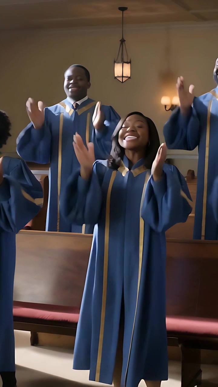 Vertical video: Song starting choir clapping and singing in church leading worship in blue robes