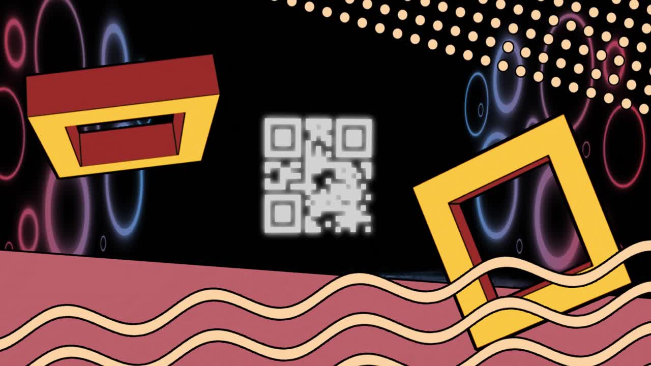 animación de un código qr brillante sobre formas geométricas de neón