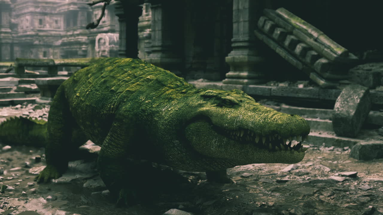 Majestic crocodile resting in ancient ruins surrounded by green foliage