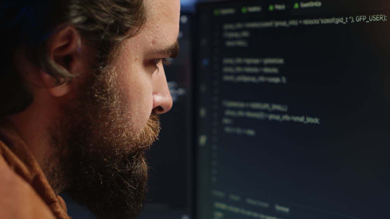 Software engineer concerned, concentrating on finding code bugs, close up