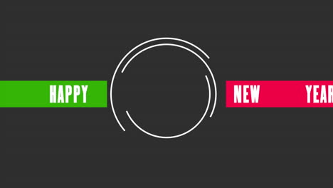 modern happy new year text with geometric circle on black gradient