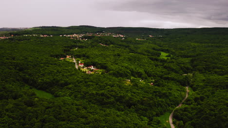 Vista-Aérea-Del-Paisaje-De-Drones-De-Una-Carretera-Y-Un-Pueblo-Rodeado-Por-Un-Bosque-Rumano,-En-Un-Día-Ventoso