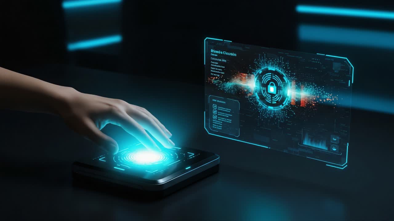 Futuristic Interface Interaction: A Hand Engaging with a Holographic Data Display Featuring Cybersecurity Elements and High-Tech Graphics in a Modern Setting