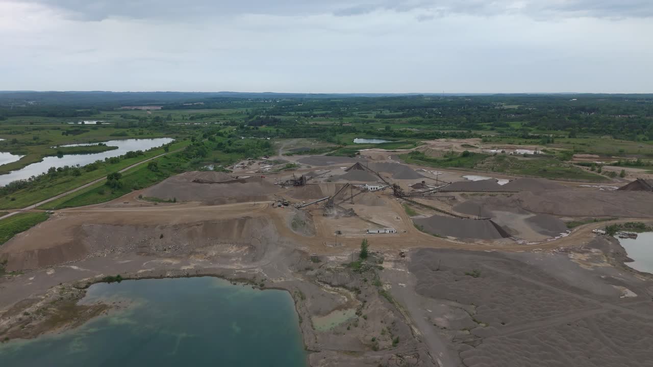 Aggregate And Gravel Pit With Industrial Mining Conveyor Belts In Caledon, Canada. Aerial Flyover.